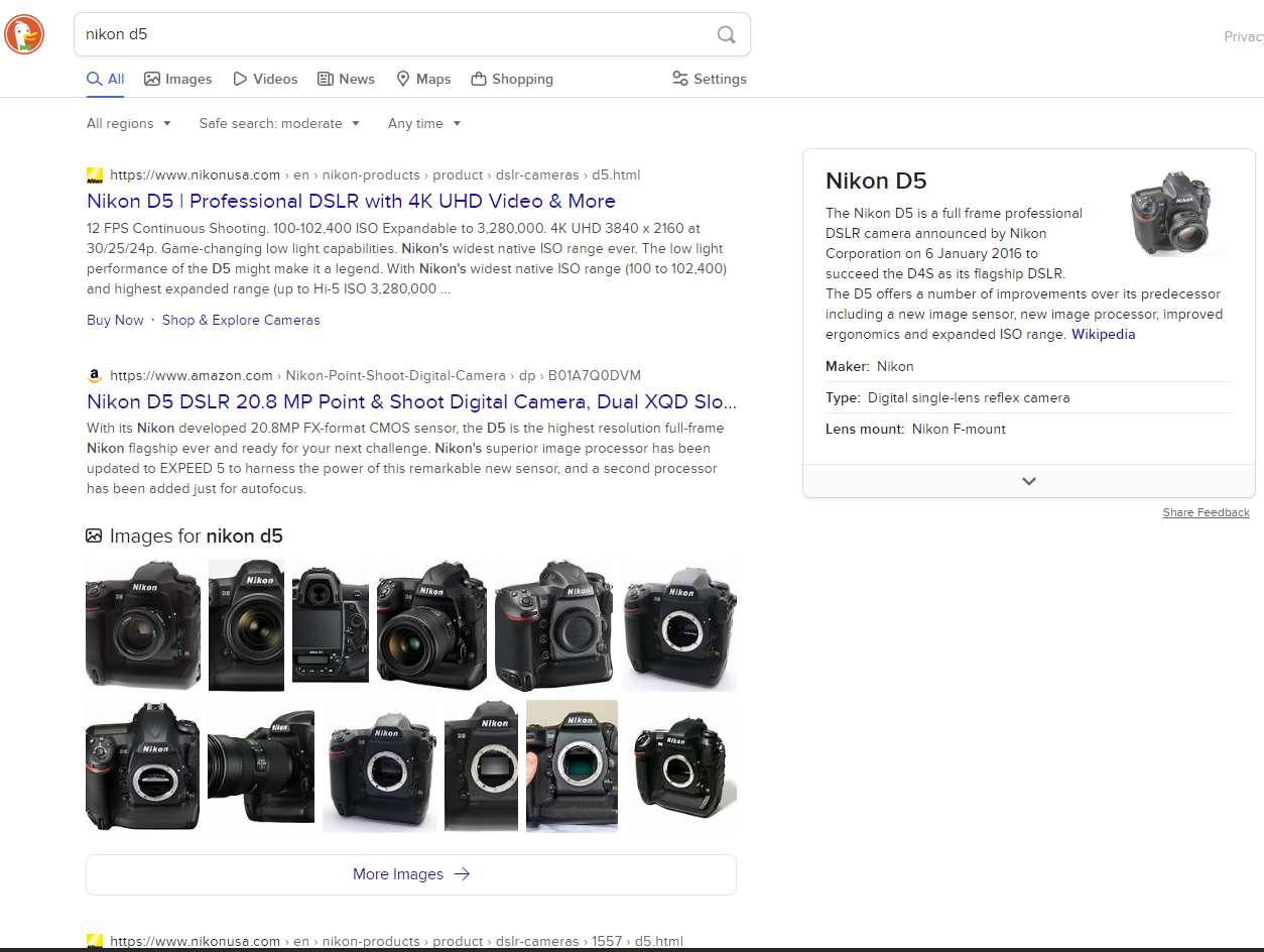 DuckDuckGo Nikon d5 results